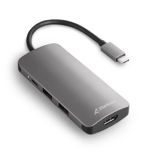 Hub Sharkoon USB 3.0 Type-C multiport 4 puertos USB-A conector USB-C compacto color gris