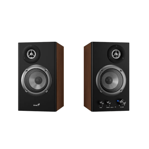 Parlantes estéreo Genius SP-HF1200B 2.0 36W RMS madera control de graves y agudos entrada 3.5mm