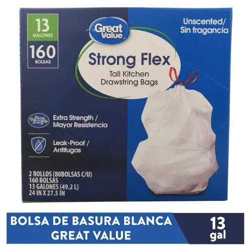 Bolsa Basura Great Value Blanca 13 galones - 160 Unidades