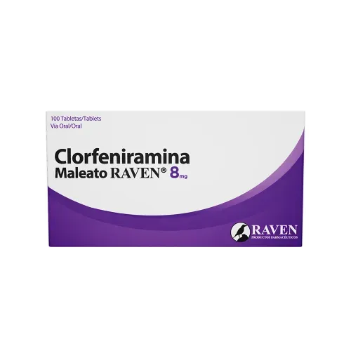 Clorfeniramina Raven 8 Mg caja 100 comprimidos - Precio indicado por comprimido