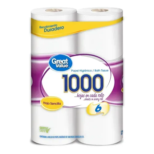 Papel Higiénico Great Value 1000 Hojas Sencillas - 6 Rollos