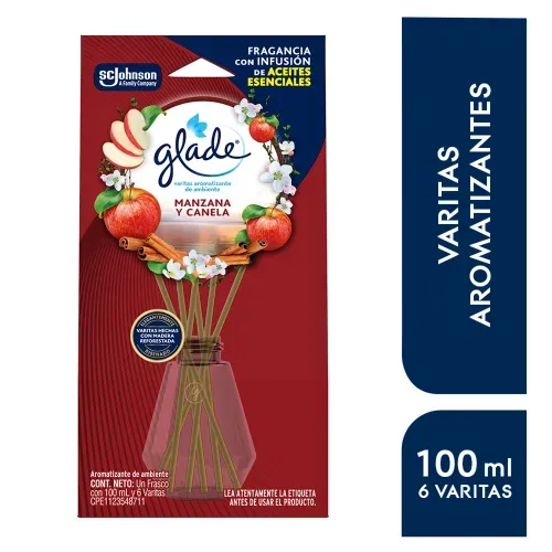 Aromatizante Glade Varitas Manzana Canela Frasco con 100 ml y 6 Varitas