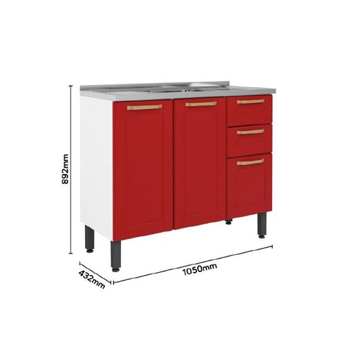 Mueble de acero para cocina Bertolini modelo Colors base de acero color rojo con fregadero 3 puertas 2 gavetas 105cm