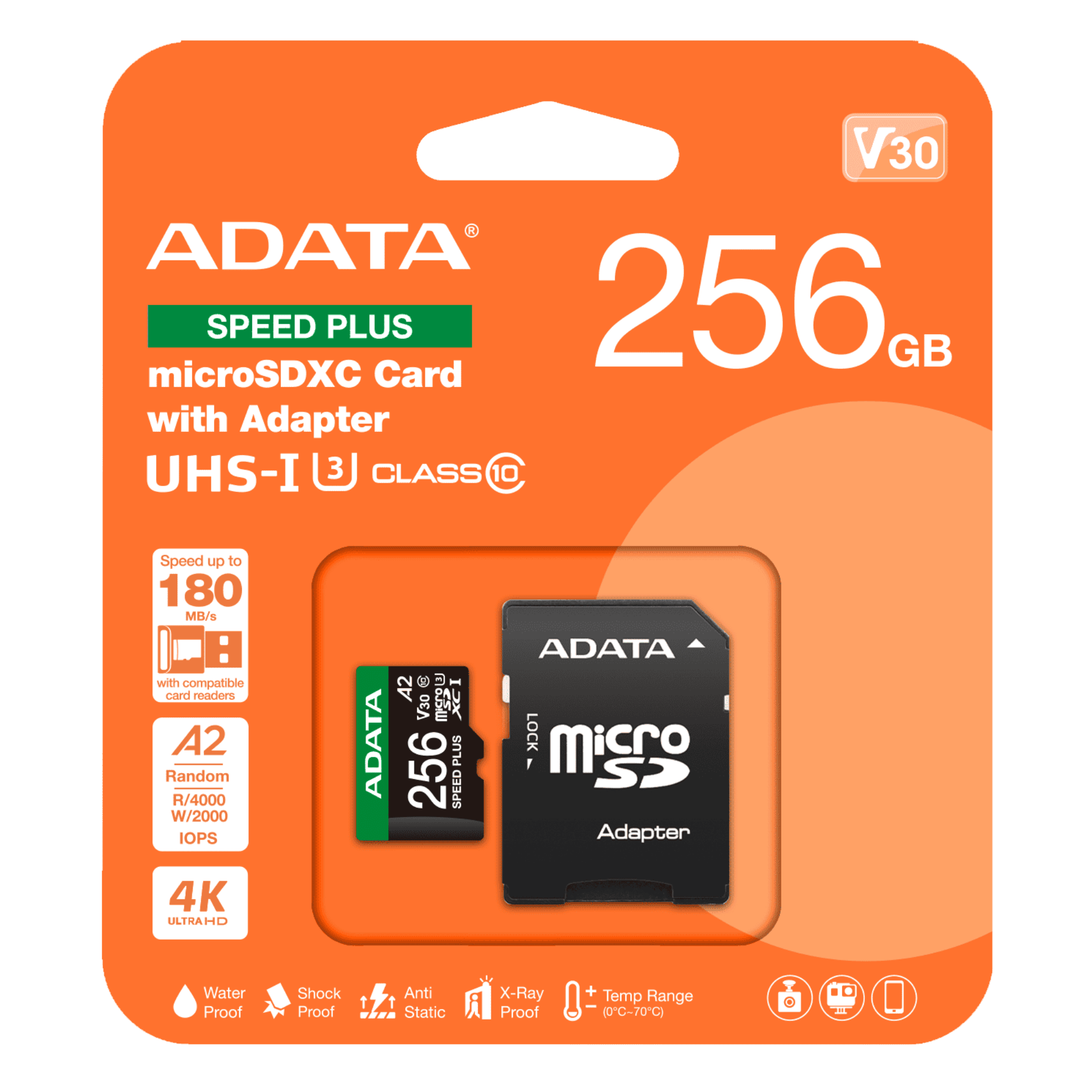 Memoria Adata Micro Sdxc 256gb Speed Plus 180 Mbs 160 Mbs Con Adaptador 4k Ud256gui3v30a2spRa1
