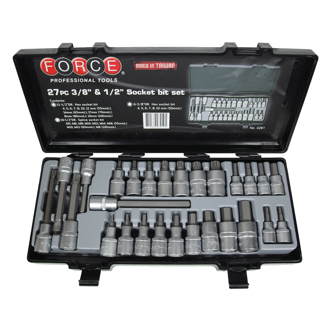 Juego 27 cubos allen y xzn espiga 3/8" y 1/2" 4-16mm c/estuche FORCE