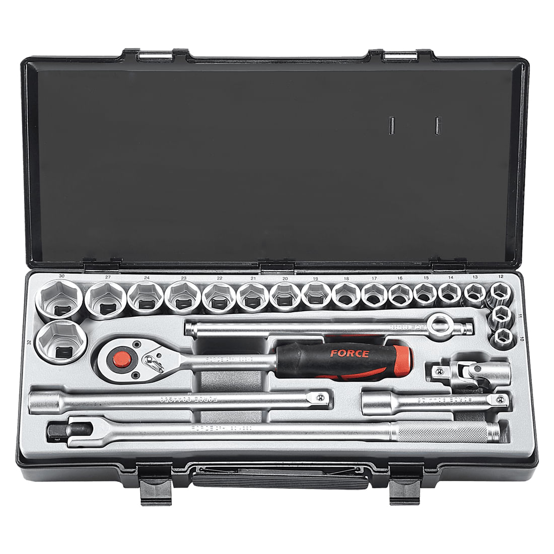 Juego 24pzs incluye 18 cubos 6 pts espiga 1/2" 10-32mm + accesorios FORCE