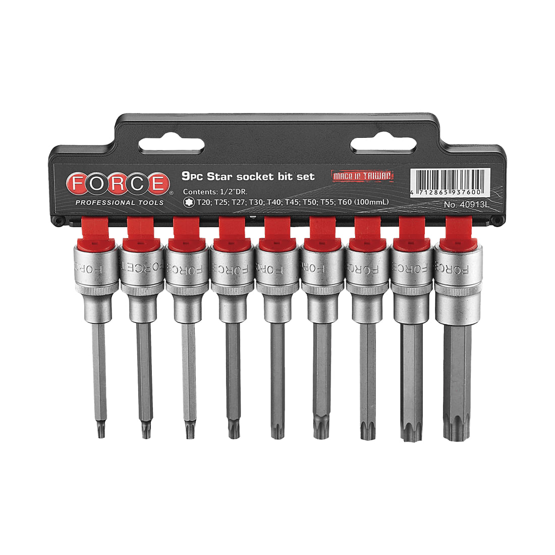 Juego 9 cubos destornilladores cromados torx t20-t60 espiga 1/2" largos FORCE