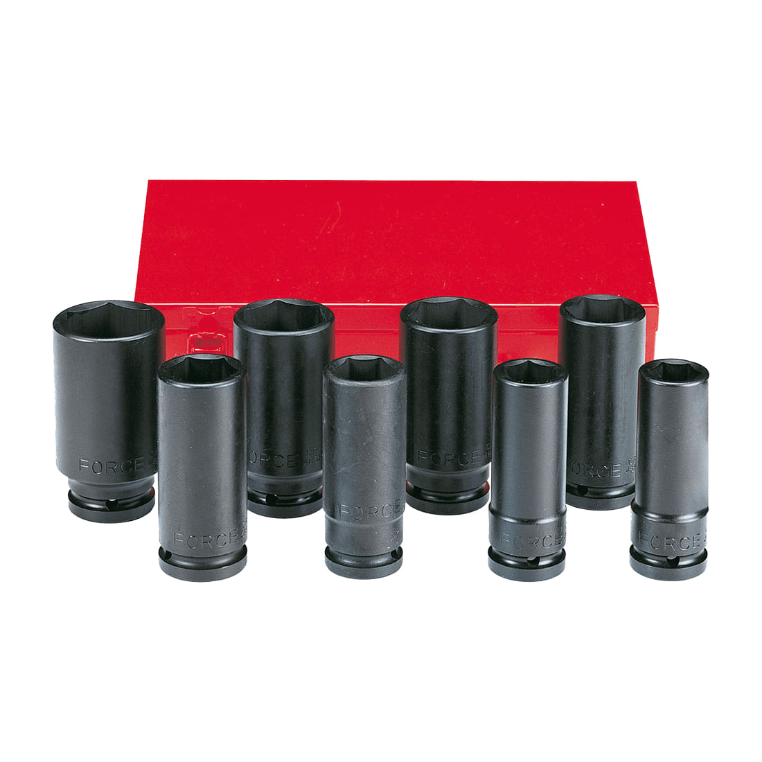 Juego 8 cubos de impacto hex. largos espiga 3/4'' (1'' a 1-1/2'') con estuche FORCE