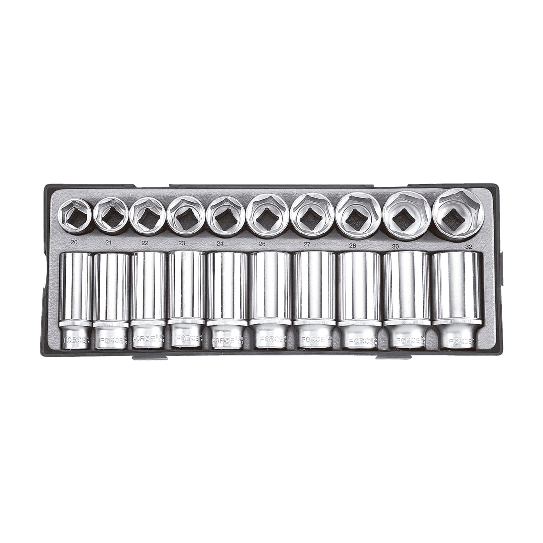 Juego 20 cubos (10largos/10cortos) espiga 1/2" 6 puntos 20-32mm en cubeta FORCE