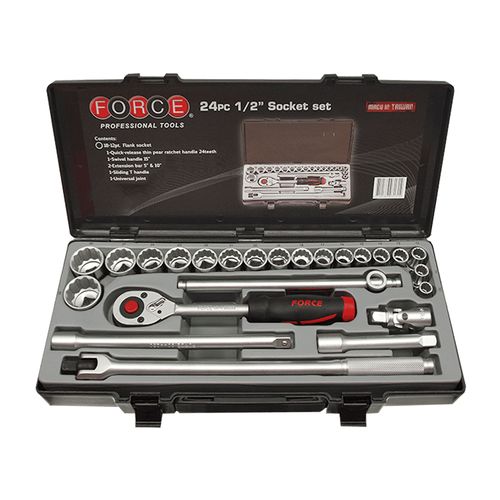 Juego 24 pzas 18 cubos 12 puntos esp.1/2" 5/16" - 1-1/4" y 6 accesorios con estuche FORCE