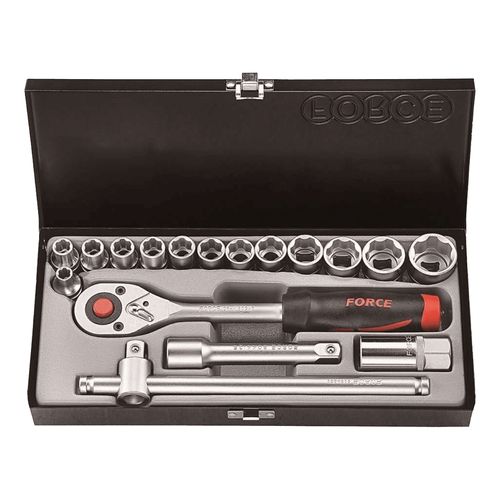 Juego 17 piezas 13 cubos 6 puntos 8-26mm 1/2" y 4 accesorios con estuche FORCE