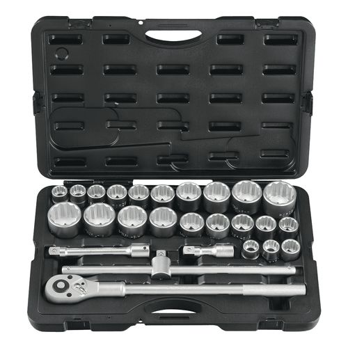 Juego 22 cubos 12 pts espiga 3/4" mm / pulg con estuche + 4 accesorios FORCE