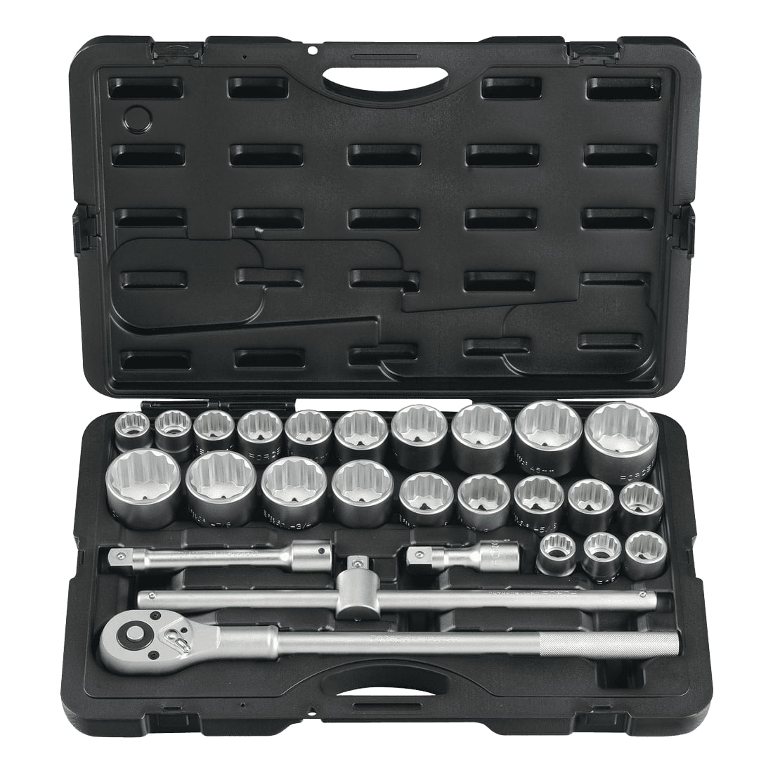 Juego 22 cubos 12 pts espiga 3/4" mm / pulg con estuche + 4 accesorios FORCE