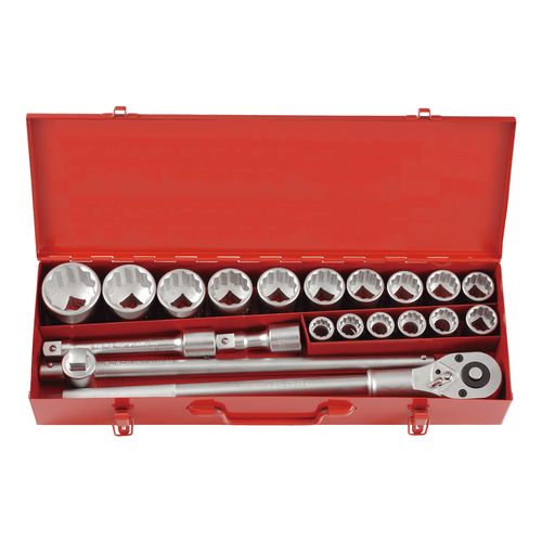 Juego 20 pzas 16 cubos 12 puntos esp.3/4" 19-50mm + 4 accesorios caja roja FORCE