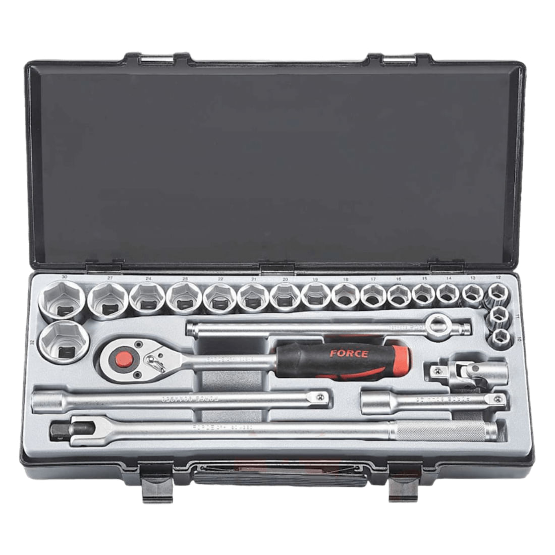 Juego 24 piezas 18 cubos 6 puntos esp.1/2" 10-32mm y 6 accesorios con estuche FORCE