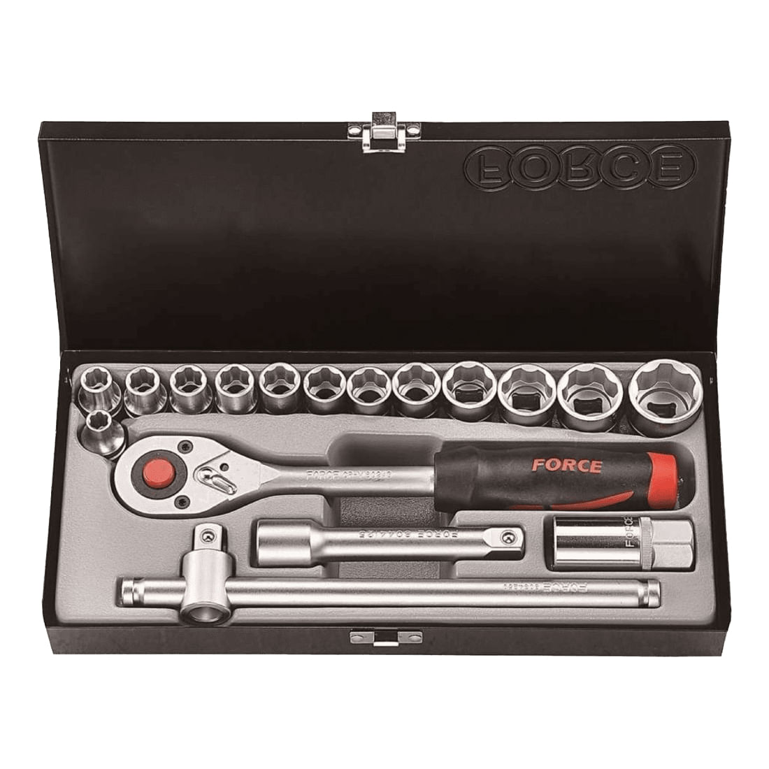 Juego 17 piezas 13 cubos esp 1/2" 6 puntas 5/16" - 1" y 4 accesorios con estuche FORCE