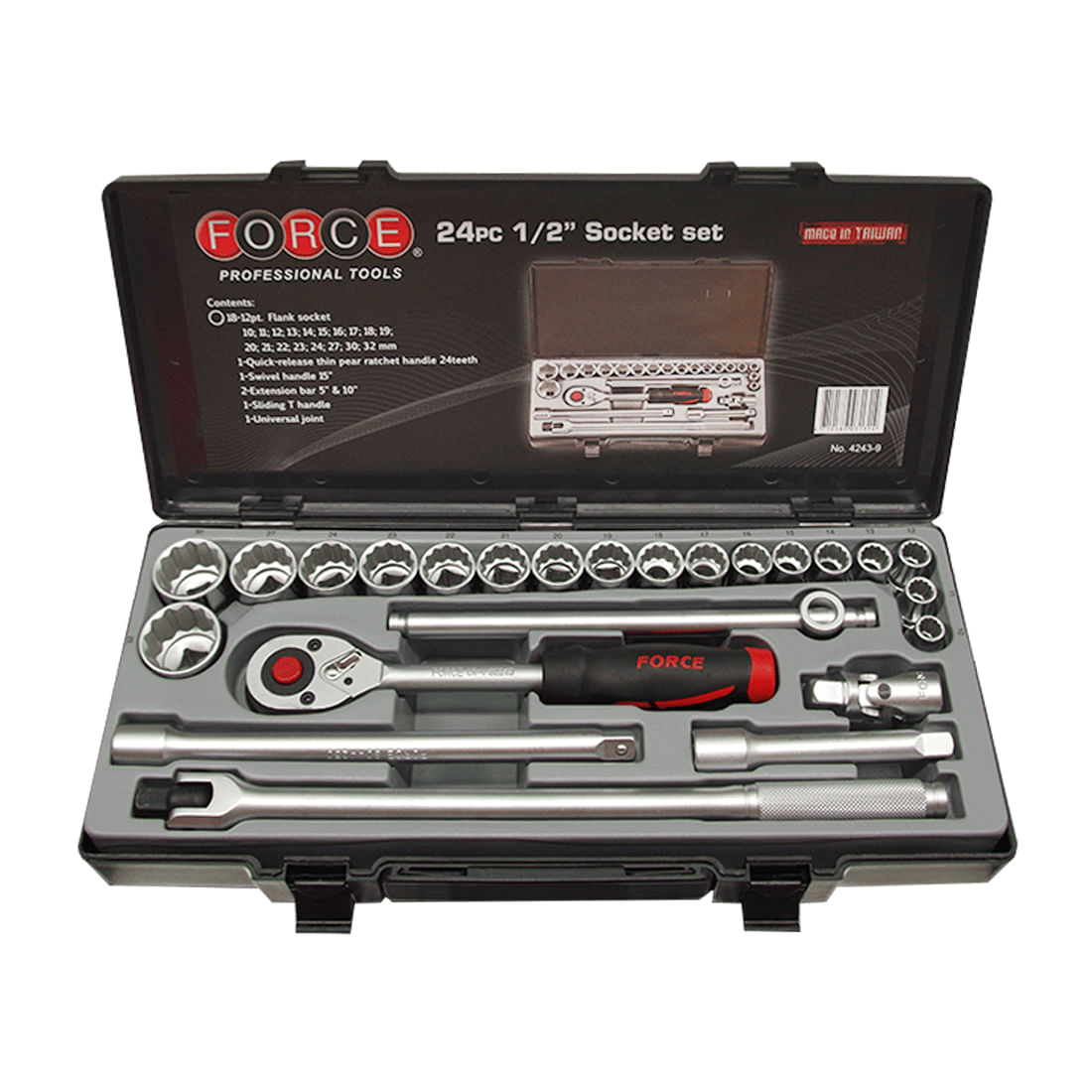 Juego 24 pzas 18 cubos 12 puntos esp.1/2" 10-32mm y 6 accesorios con estuche FORCE