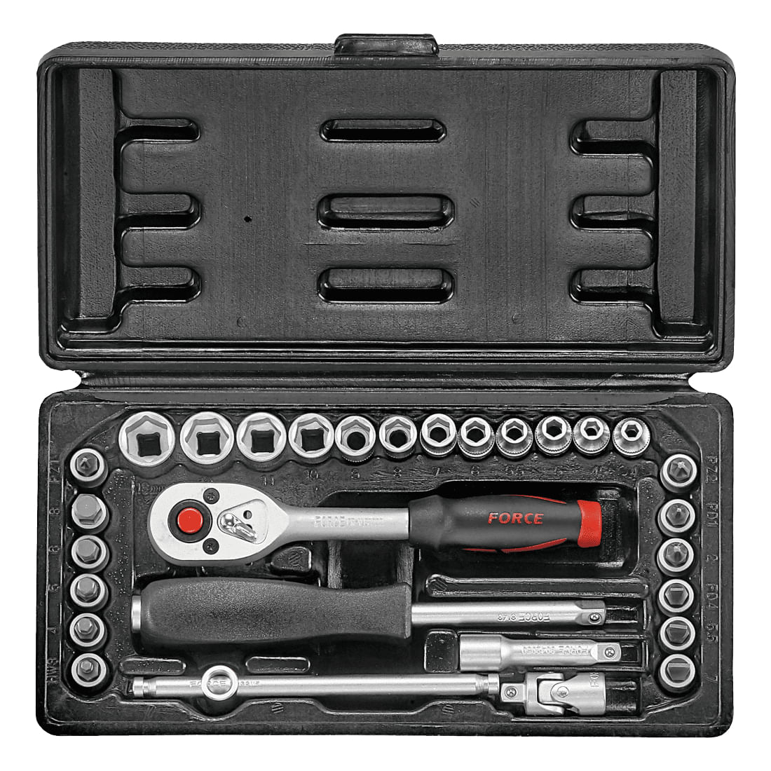 Juego 29pzs- 12 cubos(4-13mm) puntas y accesorios espiga 1/4" con estuche FORCE