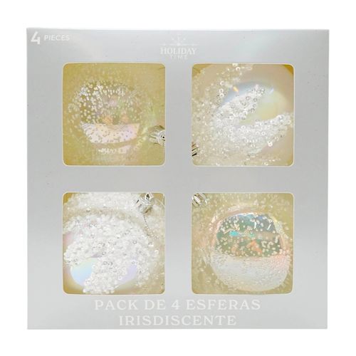 Pack Holiday Time de 4 esferas iridiscentes blancas Navidad - 95 mm