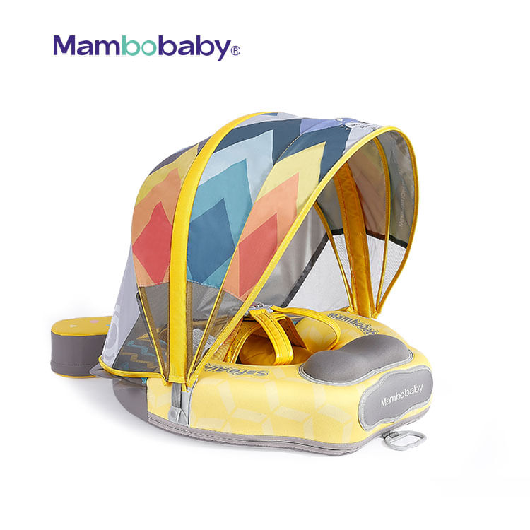 Flotador para bebé Mambobaby no inflable con cola antivuelco toldo UPF50+ 2 posiciones de nado pez amarillo 3 a 24 meses