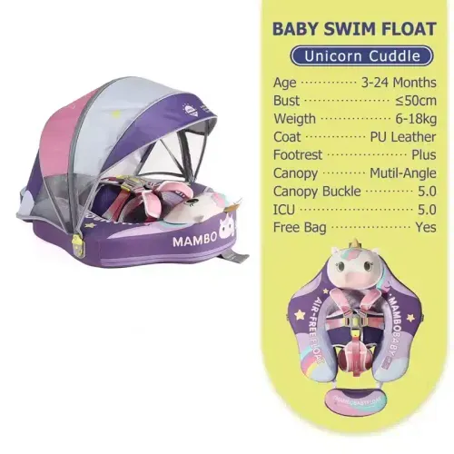 Flotador para bebé Mambobaby no inflable con cola antivuelco toldo UPF50+ 2 posiciones de nado unicornio 2  3 a 24 meses