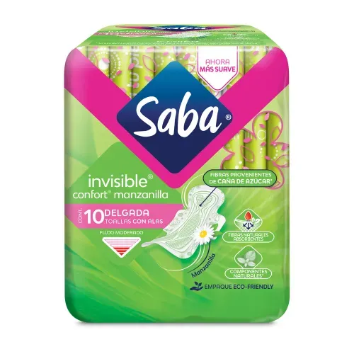 Toallas Femeninas Saba Regular Confort Manzanilla con alas Flujo Abundante - 10 piezas​