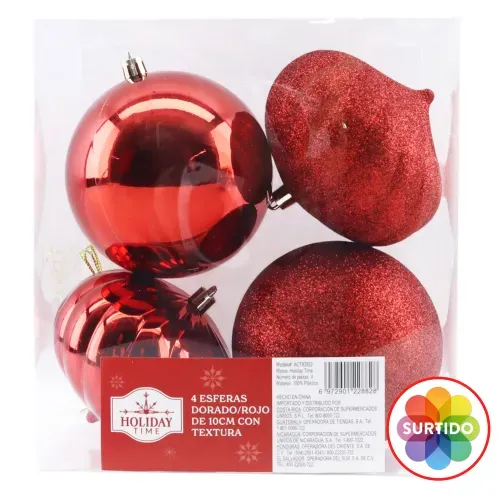 Esferas Holiday Time doradas y rojas con textura para Navidad 10 cm - 4 Uds