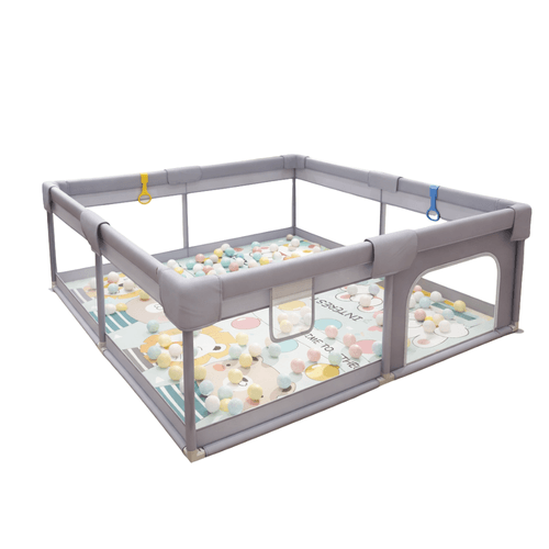 Corral juegos para bebés con malla de seguridad puerta con cremallera incluye accesorios 150×200 gris