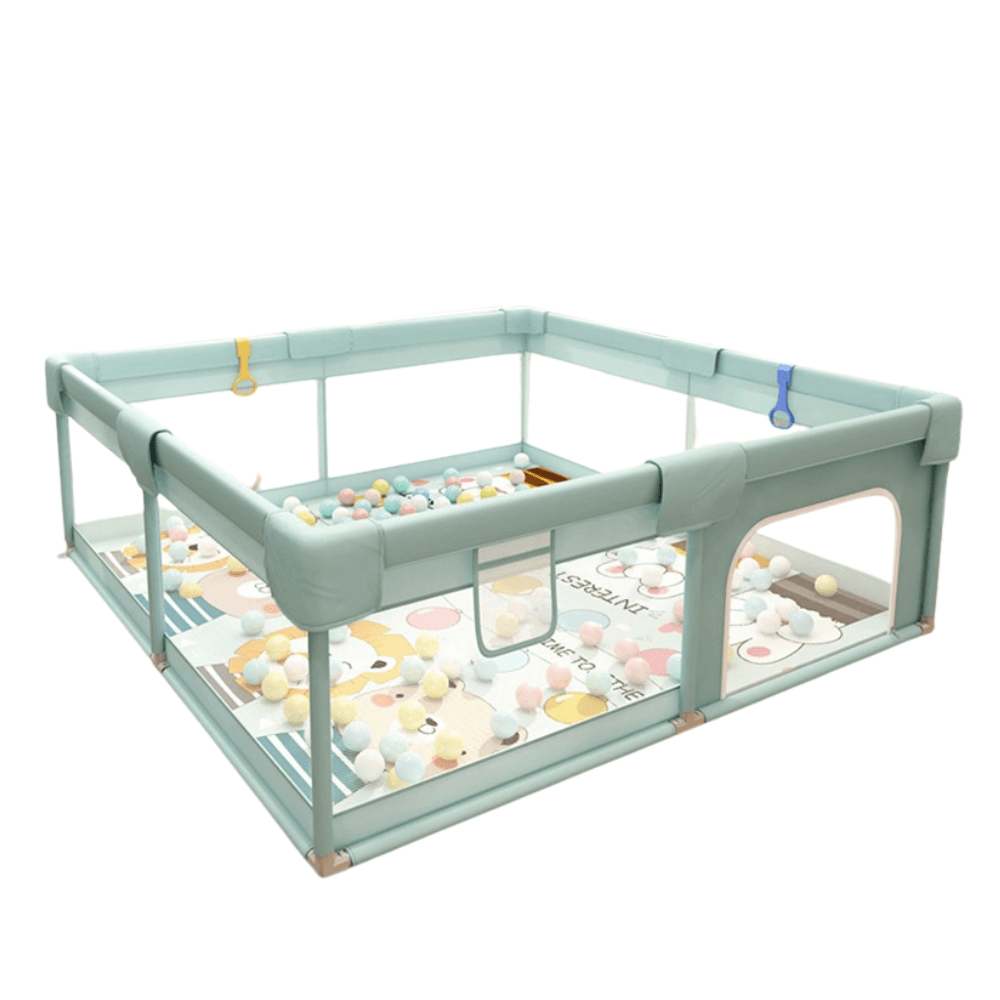 Corral juegos para bebés con malla de seguridad puerta con cremallera incluye accesorios 180×200 verde
