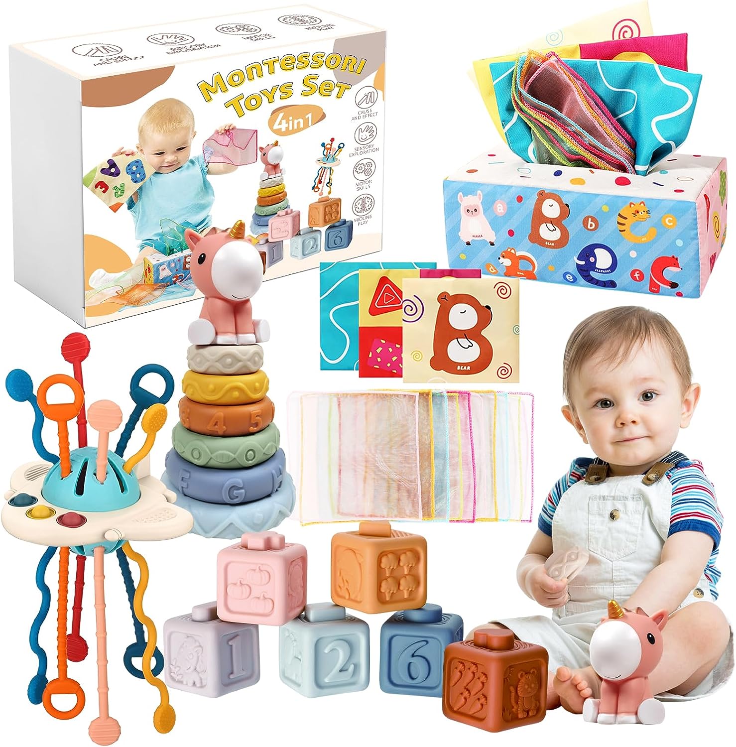 Juguetes Montessori 4 en 1 para bebé con bloques sensoriales anillos apilables caja sensorial y juguete de agarre 1 pza