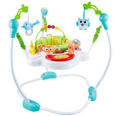 Centro de actividades para bebé con saltador color celeste asiento giratorio 360° altura ajustable 1 pza