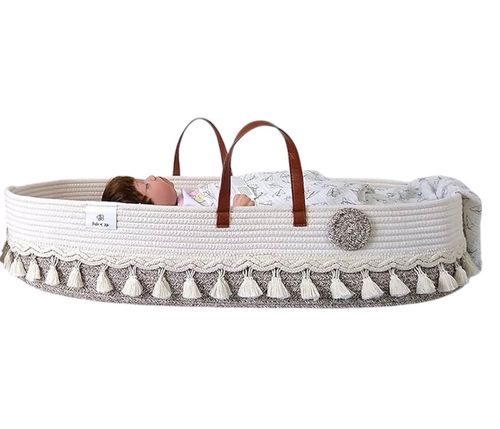 Cesta cambiadora para bebé de algodón color gris y beige con colchón y asas decorativas 1 pza