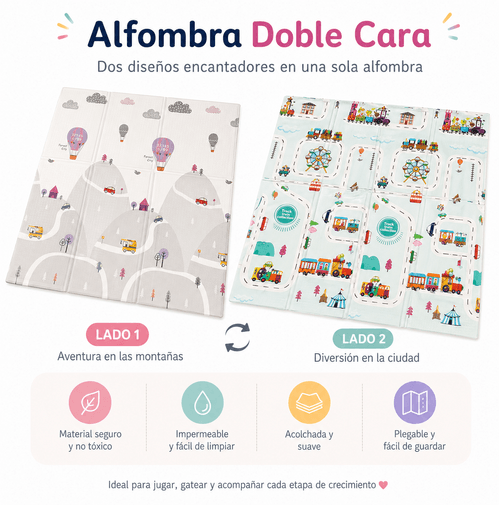 Alfombra de juego reversible y plegable diseño globo y ciudad 150x200 cm