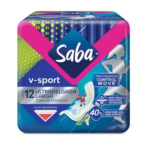 Toallas Femeninas Saba V-Sport Ultradelgada Larga Día con alas Flujo Abundante - 12 piezas