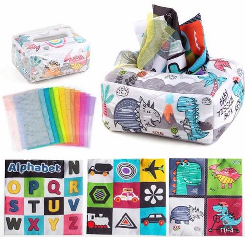 Caja de pañuelos sensoriales montessori para bebés desde 12 meses diseño dinosaurio