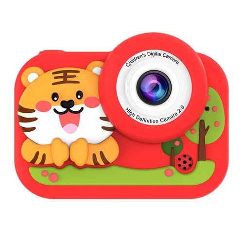 Cámara digital infantil recargable con doble cámara funda de silicona fotos selfies y videos diseño tigre rojo