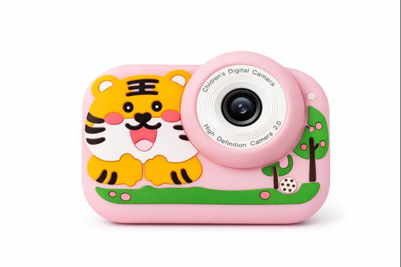 Cámara digital infantil recargable con doble cámara funda de silicona fotos selfies y videos diseño tigre rosado