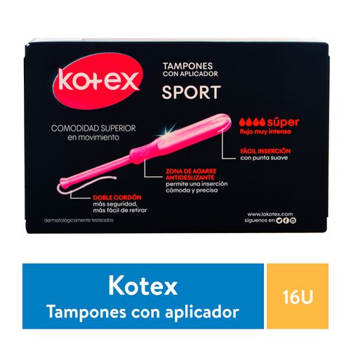 Tampones Kotex Sport Super Con Aplicador  -16Unidades