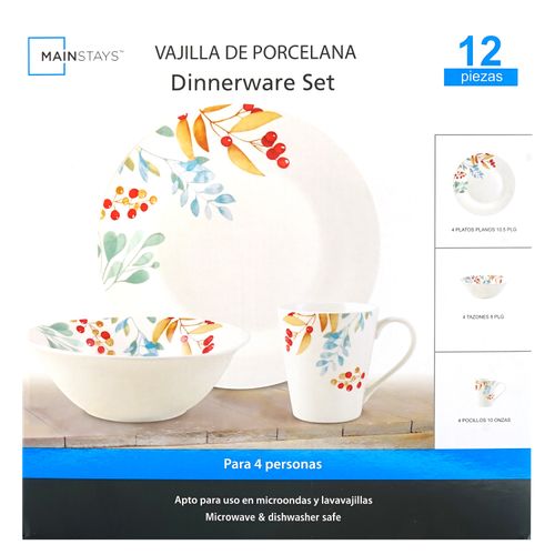 Vajilla Mainstays De Porcelana Con Diseño - 12Pzas