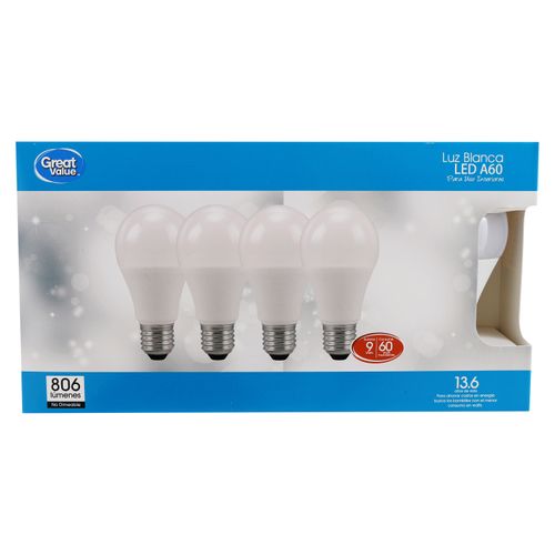 4 Pack Bombillo Great Value Led A60 9W Luz Blanca - 4 unidades