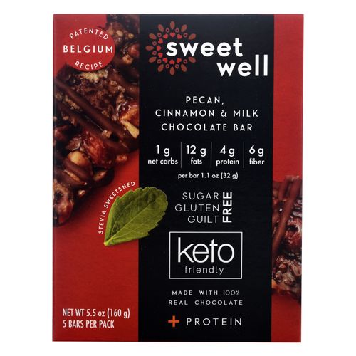 Barras Sweetwell con pecanas canela y chocolate con leche 32g, keto sin azúcar sin gluten 5-Pack