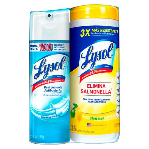 Desinfectante Lysol Aerosol Crisp Linen 354g + Lysol Toallitas Citrus 35 unidades