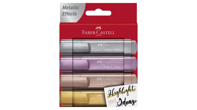 Faber-Castell, Resaltadores metálicos, 4 rotuladores con brillo para diario  y toma de notas, suministros de estudio