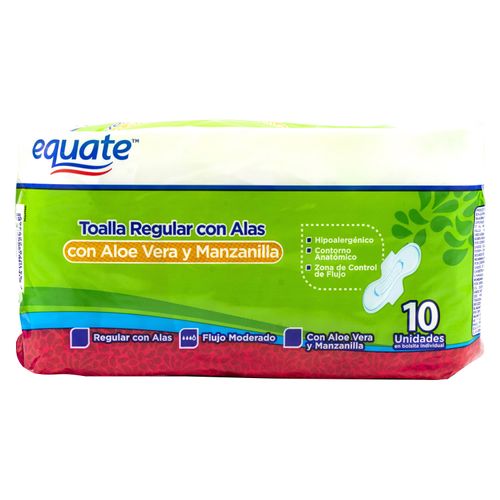 Toalla Sanitaria Equate Regular Con Alas Aloe Y Manzanilla - 10 Unidades