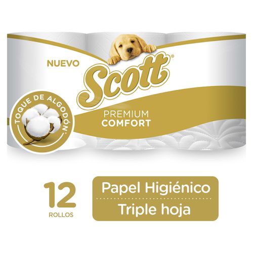 Papel Higiénico Marca Scott Premium Comfort, Triple Hoja - 12 Rollos