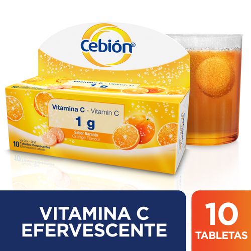 Tabletas Efervescentes de Vitamina C Cebión 1g sabor Naranja con 10 unidades.
