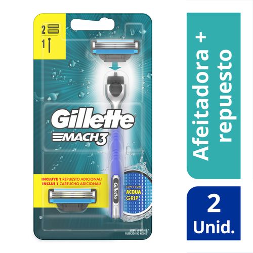 Máquina Para Afeitar Recargable Gillette Mach3 Aqua Grip con mango antideslizante + 1 Cartucho Para Afeitar 1 Kit