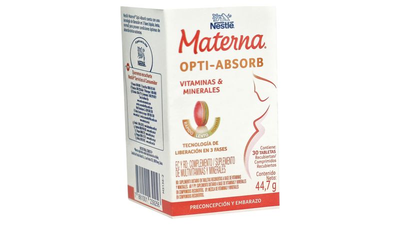 Tabletas Nestlé Materna Vitaminas y Minerales Frasco con 30 Tabletas