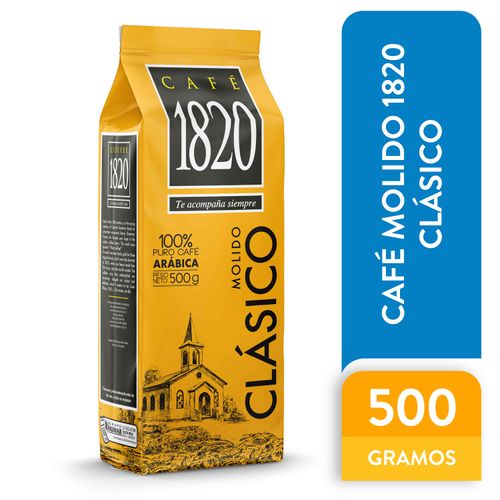 Café 100% Puro, Arabica Marca 1820 Molido Clásico, Tueste Oscuro  -500gr
