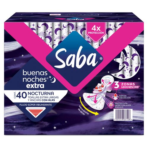 Toallas Femeninas Saba Buenas Noches Extra Flujo Súper Abundante Con Alas - 40 Unidades